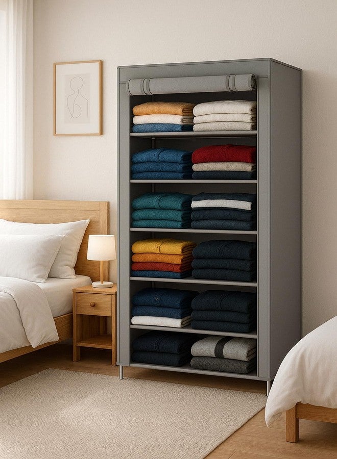 VIPEK Foldable Wardrobe for Clothes, Cloth Organizer for Storage with 6 Shelves, Multipurpose Clothes Rack for Home & Bedroom, Grey - Image 1